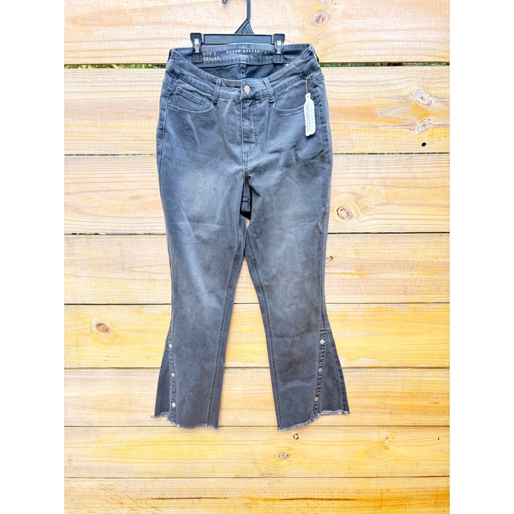 Susan Graver Bootcut Jeans Size 2 Regular Faded Black Raw Hem Snap Leg Detail